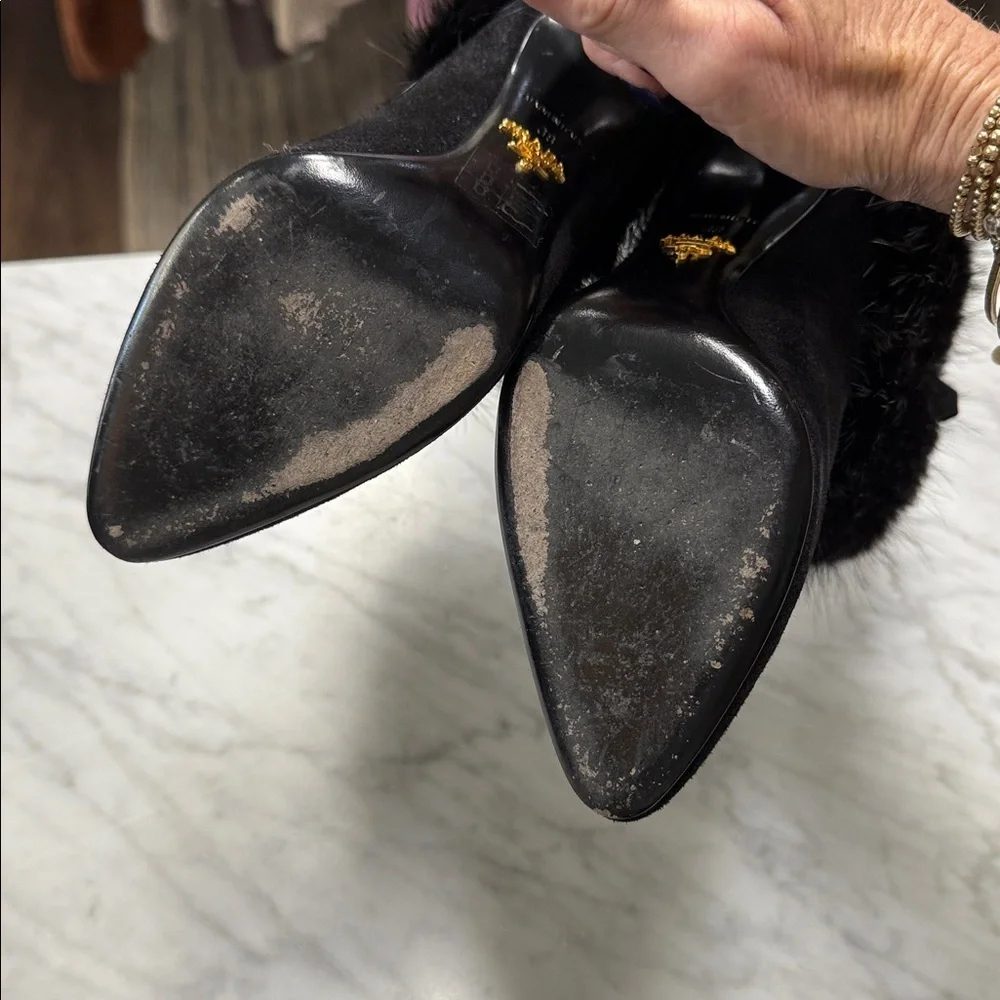 Prada Fur Trim Stiletto Heel Pointed Toe Bootie Size 38